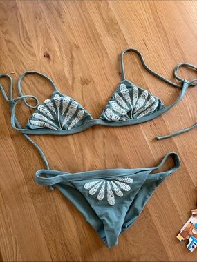 Women's Sage Green Embroidered Triangle Bikini Set